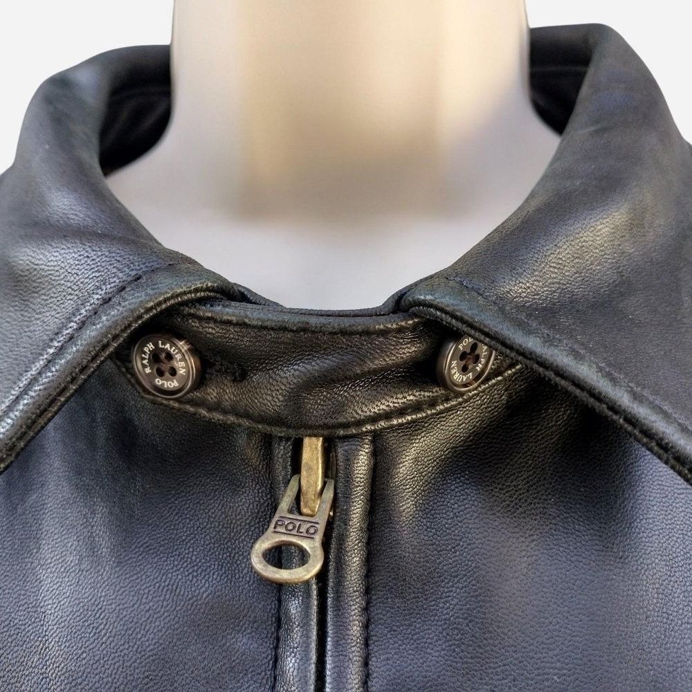 Polo Ralph Lauren 100% Leather Jacket Black Zip Front Harrington Men XL Moto - Picture 5 of 9